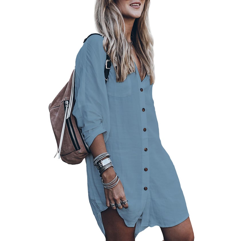 Zoye Chen Womenâ€™s Swimsuit Cover up,Silky Button Down Shirt Midi Dress Kimono,Summer Bathing Suit Beach Coverups for Women (CP-Aline) (Blue, Large) - Image 1